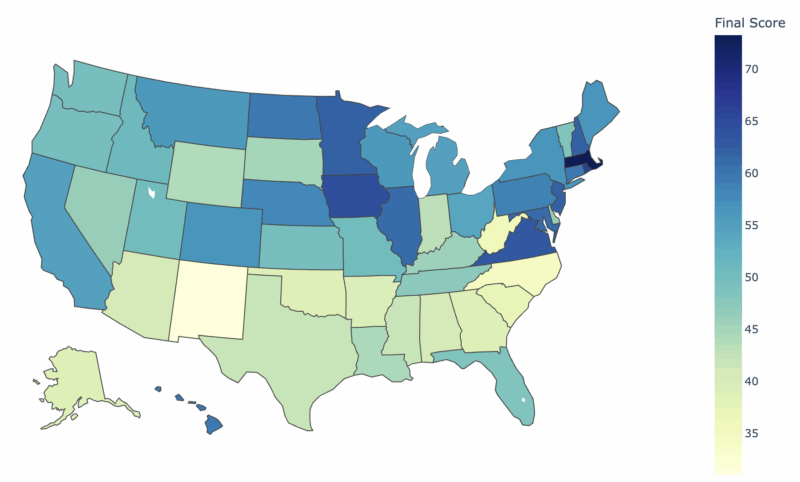 U.S. map ranking the best states for health insurance in 2025 by cost, access, and quality.