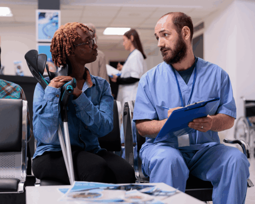 woman on crutches in clinic